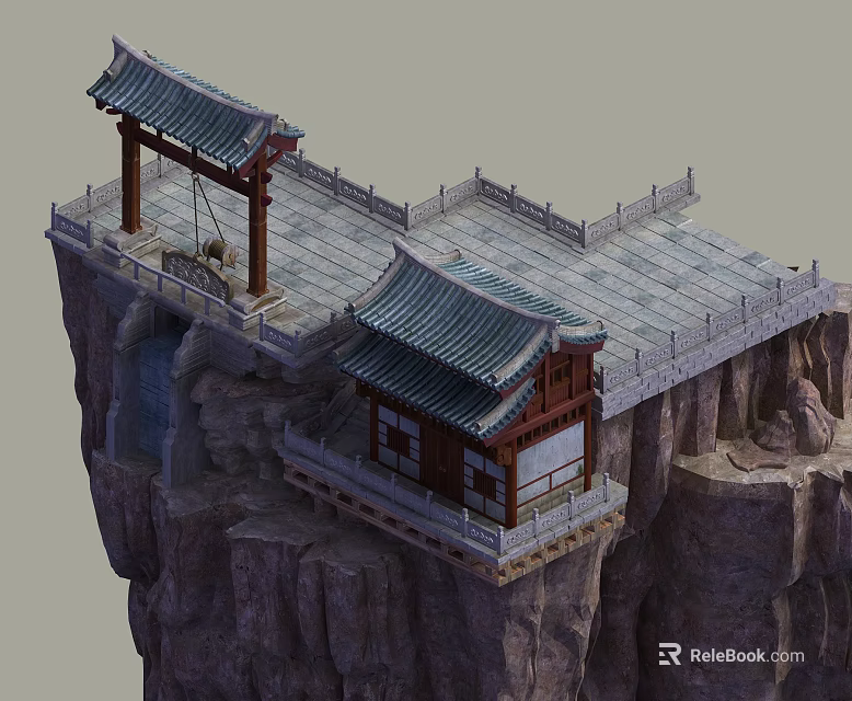 Ancient Chinese Architecture on Cliff with Traditional Roof Stone Railings Platform and Waterfall 3d model 