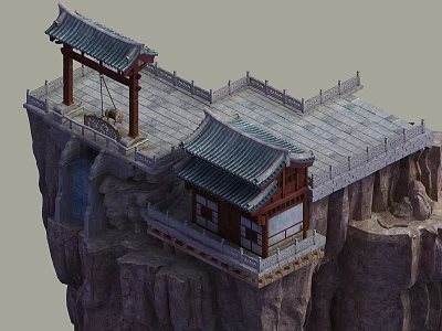 Ancient Chinese Architecture on Cliff with Traditional Roof Stone Railings Platform and Waterfall 3d model