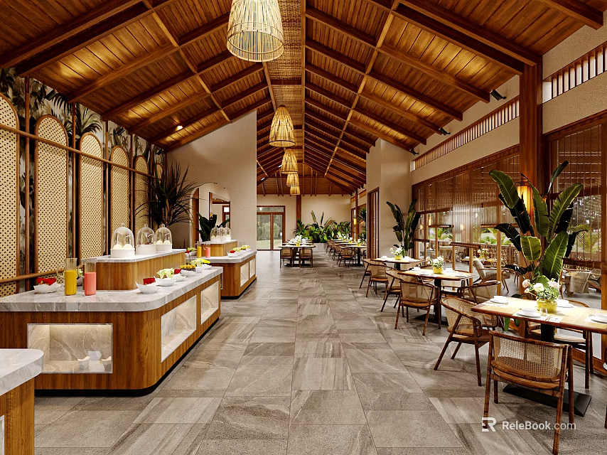 Tropical Restaurant Interior With Wooden Ceiling Chandeliers Marble Buffet Counters And Green Plants 3d model 