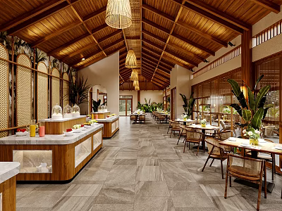Tropical Restaurant Interior With Wooden Ceiling Chandeliers Marble Buffet Counters And Green Plants 3d model