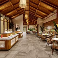 Tropical Restaurant Interior With Wooden Ceiling Chandeliers Marble Buffet Counters And Green Plants