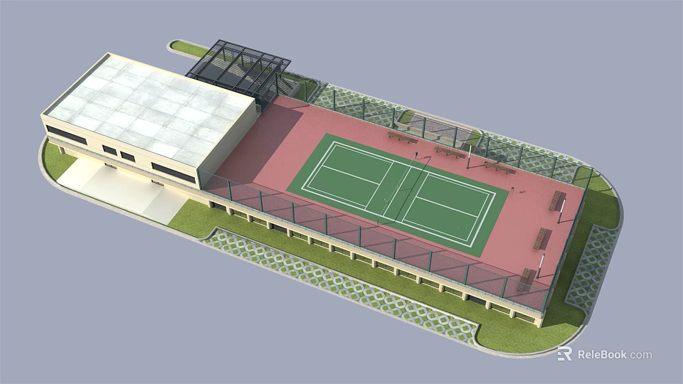 Outdoor Tennis Court With Green Surface Red Area Surrounding Building Fence And Benches 3d model 