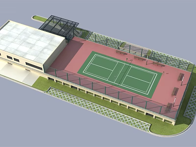 Outdoor Tennis Court With Green Surface Red Area Surrounding Building Fence And Benches 3d model