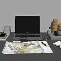 Modern Workspace Setup With HP Laptop Blueprint Camera And Stationery Items 3d model