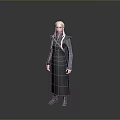Woman With White Long Hair In Dark Fitted Dress Standing Against Gray Background