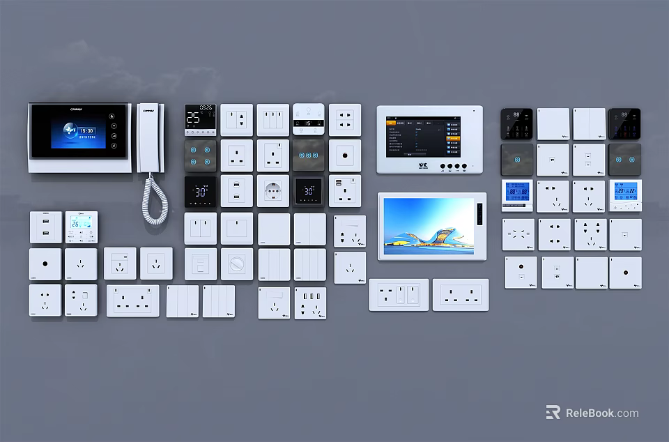 Various Styles of Switch Panels with White Black Designs and Digital Control Screens 3d model 
