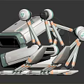 Three White Robots with Spider Like Legs Antennas and Green Indicator Lights on Black Background