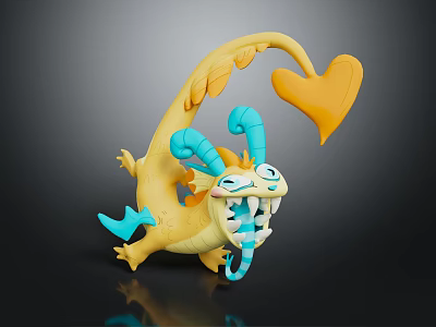 Playful Yellow Cartoon Game Character With Blue Horns Open Mouth And Heart Shaped Tail 3d model