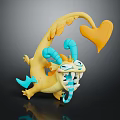 Playful Yellow Cartoon Game Character With Blue Horns Open Mouth And Heart Shaped Tail