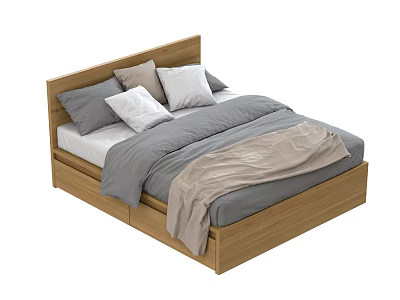 Wooden Frame Double Bed With Gray Bedding Beige Cushions And Pillows 3d model