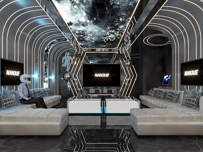 Modern KTV Lounge Interior With Starry Ceiling Neon Lights WAVE Screens And Plush Sofas 3d model