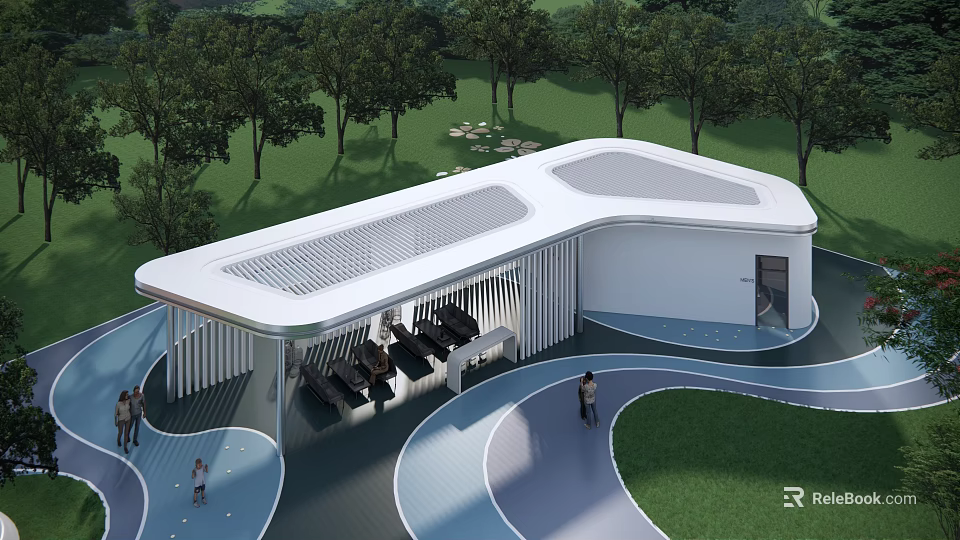 Modern Outdoor Pergola Design With Curved Pathways Seating And Green Surroundings 3d model 