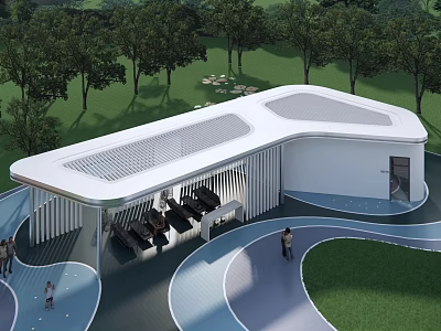 Modern Outdoor Pergola Design With Curved Pathways Seating And Green Surroundings 3d model