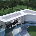 Modern Outdoor Pergola Design With Curved Pathways Seating And Green Surroundings