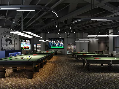 Modern Billiard Room Interior Design With Pool Tables Hanging Lights And TV Screens 3d model