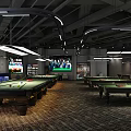 Modern Billiard Room Interior Design With Pool Tables Hanging Lights And TV Screens