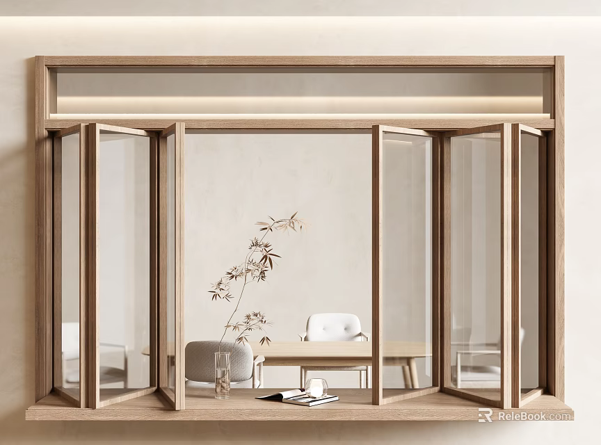 Wooden Framed Window With Glass Panes And Windowsill Plant Cup And Books Table Chairs 3d model 