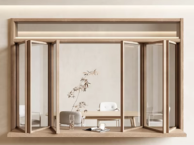 Wooden Framed Window With Glass Panes And Windowsill Plant Cup And Books Table Chairs 3d model