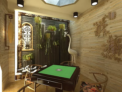 Hotel Mahjong Room Interior With Green Table Comfortable Chairs Decorative Plants And Ceiling Lights 3d model