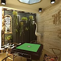 Hotel Mahjong Room Interior With Green Table Comfortable Chairs Decorative Plants And Ceiling Lights