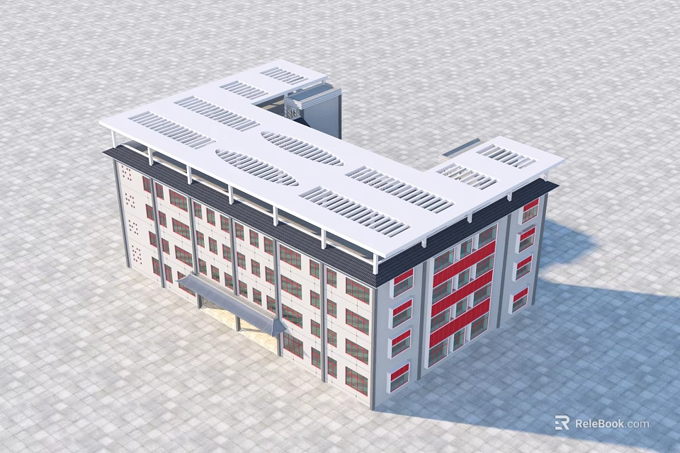 Modern Multi Story Office Building With Solar Panels On Roof And Red Accents 3d model 
