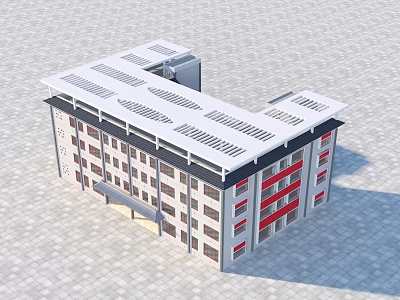Modern Multi Story Office Building With Solar Panels On Roof And Red Accents 3d model