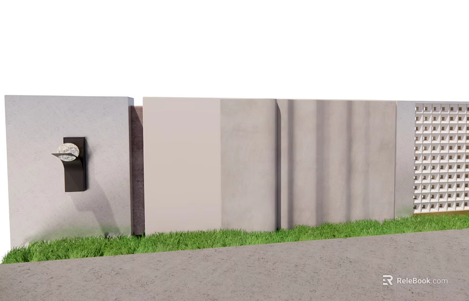 Landscape Wall with Mixed Textures Gray Beige Panels Lattice Design and Green Grass Base 3d model 