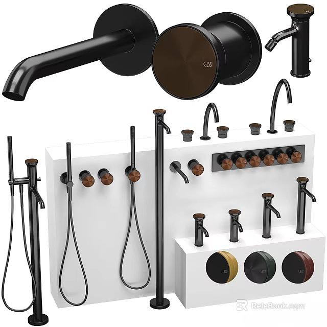 Various Modern Faucet Designs With Black Finish And Wooden Handles On Display Shelf 3d model 