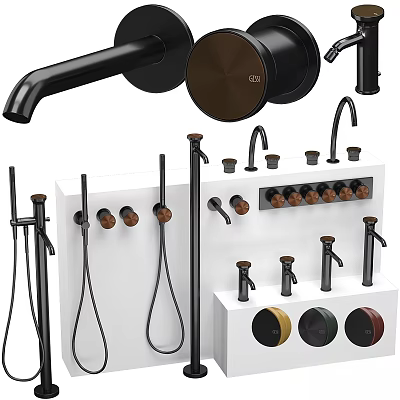 Various Modern Faucet Designs With Black Finish And Wooden Handles On Display Shelf 3d model