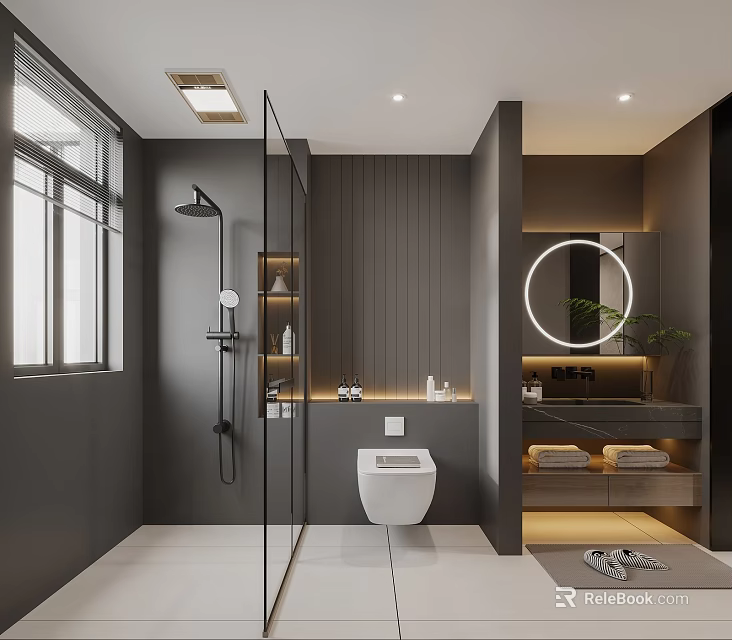 Modern Bathroom Interior With Glass Shower Wooden Wall Round Mirror And Wall Mounted Toilet 3d model 