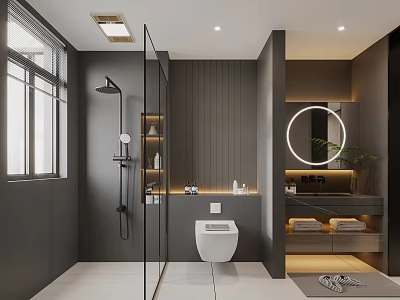 Modern Bathroom Interior With Glass Shower Wooden Wall Round Mirror And Wall Mounted Toilet 3d model