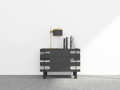 Modern Black Chest Drawers Featuring Gold Table Lamp And Books Against White Wall Gray Carpet 3d model