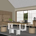 Elegant Tea Room With Wooden Cabinets Long Table Tea Sets Lantern Lattice Windows And Greenery