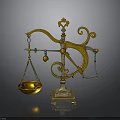 Antique Golden Balance Scale With Ornate Scrollwork Decorative Top Square Base And Golden Bowl