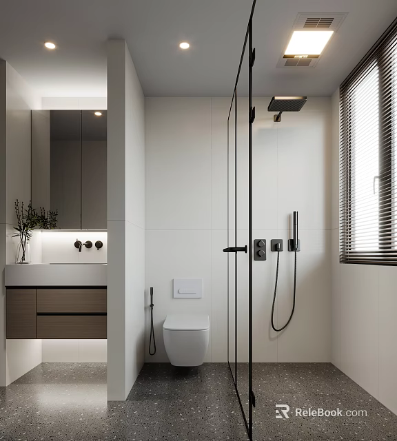 Modern Bathroom Interior With White Tiles Glass Shower Partition Wall Mounted Toilet And Vanity 3d model 