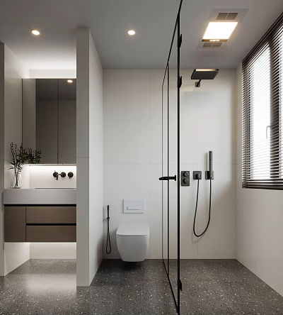 Modern Bathroom Interior With White Tiles Glass Shower Partition Wall Mounted Toilet And Vanity 3d model