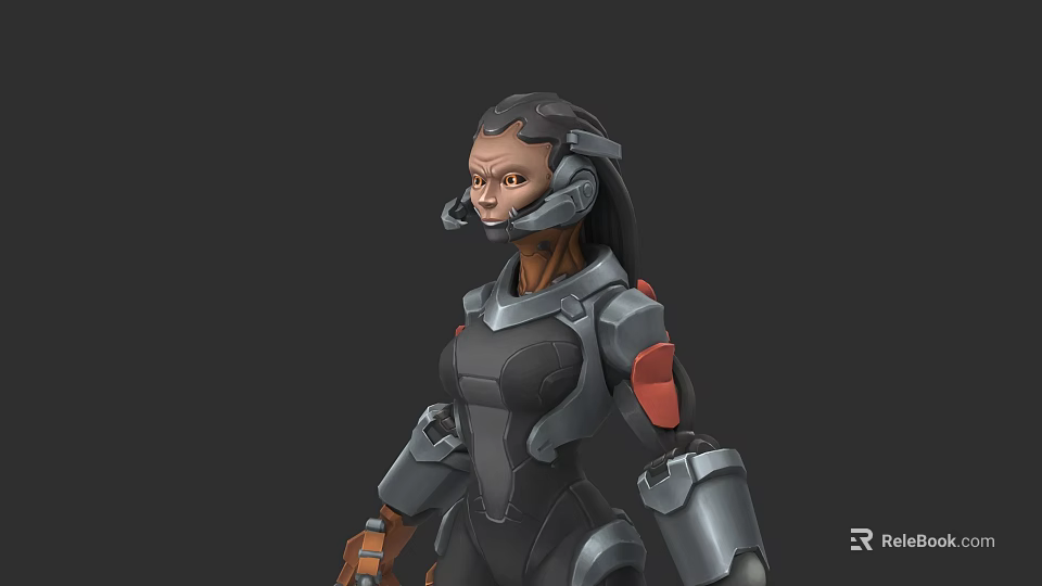Woman In Futuristic Mechanical Armor With Helmet And Red Accented Body Suit 3d model 
