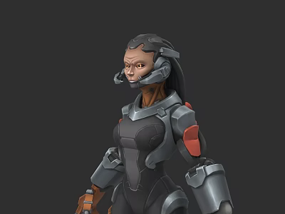 Woman In Futuristic Mechanical Armor With Helmet And Red Accented Body Suit 3d model