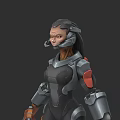 Woman In Futuristic Mechanical Armor With Helmet And Red Accented Body Suit