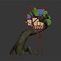 Cartoon Scene of Red Tree House with Blue Roof Yellow Windows and Green Tree Branches