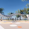 Modern Pergola Structure In Outdoor Park With Trees And Circular Floor Patterns 3d model
