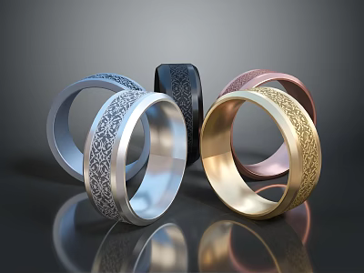 Fashion Accessories Elegant Metallic Rings With Intricate Engraved Patterns In Silver Gold Black Rose Gold 3d model