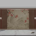 Chinese Traditional Interior Featuring Floral Bird Mountain Wall Art Wooden Lattice And Wall Lamps