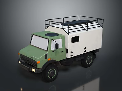 Olive Green And White Military Vehicle With Roof Rack And Cargo Compartment 3d model