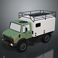 Olive Green And White Military Vehicle With Roof Rack And Cargo Compartment