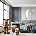 Kids Bedroom Interior With Moon Star Decor Stuffed Toys Bed Rug And Bookshelf