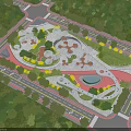 Modern Park Landscape Design With Geometric Circular Platforms Winding Paths Water Feature And Green Trees