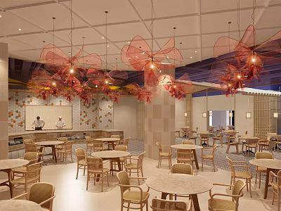 Bright Restaurant Interior With Pink Pendant Lights Tables Chairs Bar Counter And Decorative Wall 3d model