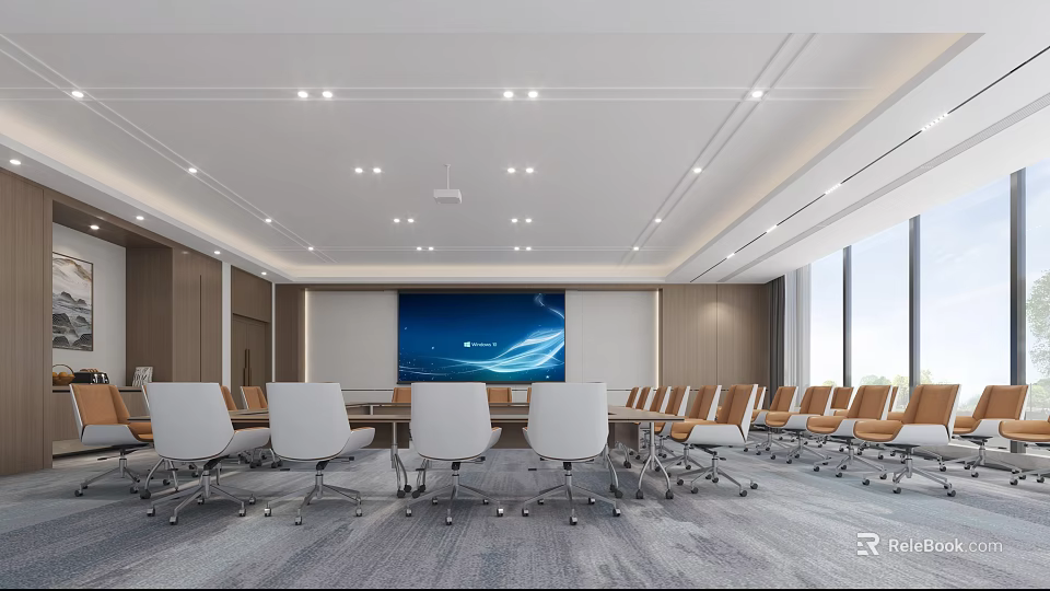 Modern Conference Room Interior With Large Screen White Chairs Wooden Walls And Gray Carpet 3d model 