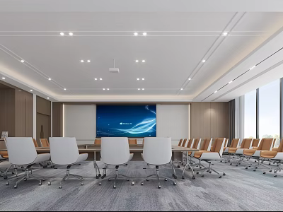 Modern Conference Room Interior With Large Screen White Chairs Wooden Walls And Gray Carpet 3d model